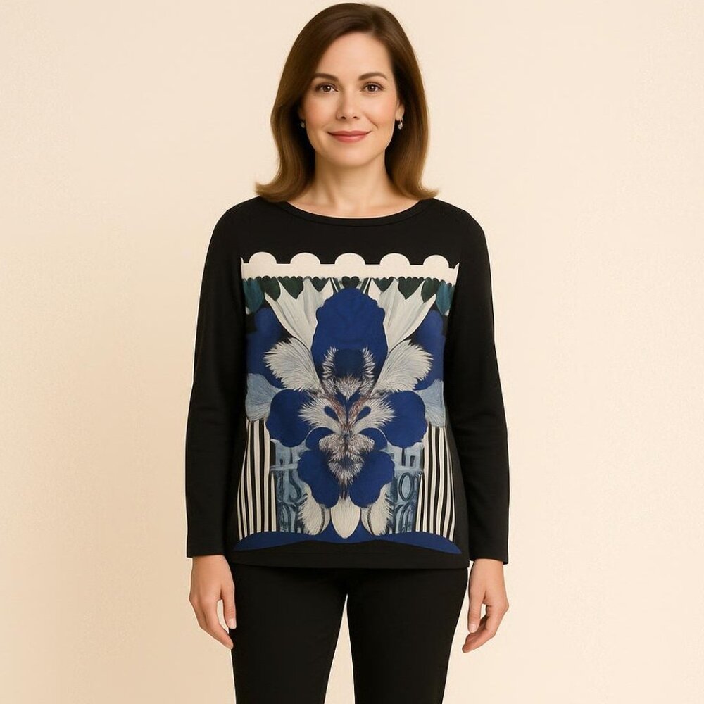 Olsen Europe Iris Graphic Floral Long Sleeve Pullover Top Size Large